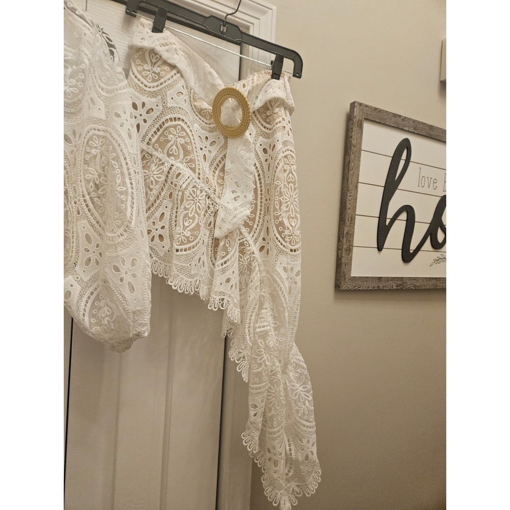 12th Tribe White Eyelet Lace Two Piece Set Puff Sleeve Crop Top Mini Skirt Small